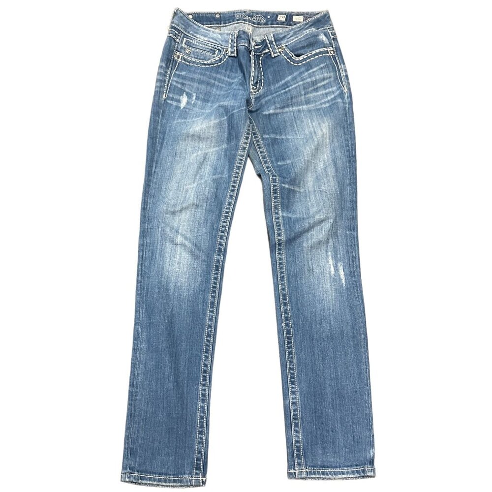 Miss Me 29 Skinny Blue Jeans Distressed Thick Stitch Studs Fleur De Lis Pockets